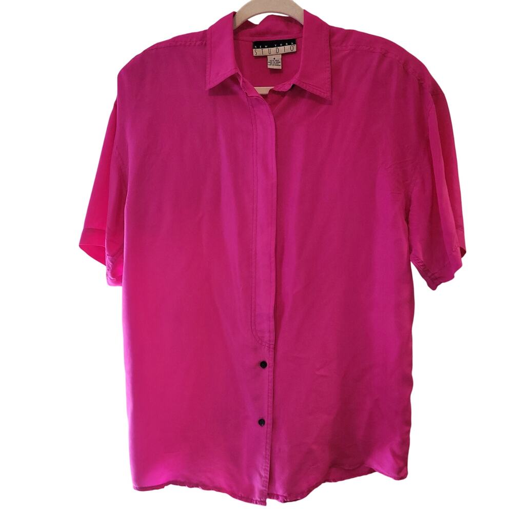 Vintage NY Studio Hot Pink Silk Blouse SM Button Front Shoulder Pads